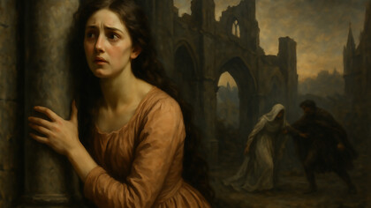 A terrified young woman clings to a pillar amid the ruins of a Gothic castle, while a shadowy figure drags another woman into the darkness, evoking themes of fear, captivity, and female vulnerability