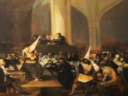la Inquisición asume una importante función de control social, en particular en lo que se refiere a la sexualidad y la herejía (apostasía, blasfemia, brujería), dos temas que, bajo diferentes formas, aparecen con frecuencia en los procesos de cancelación. Francisco Goya (1746–1828) "Escena de la Inquisición", óleo sobre tabla, Real Academia de Bellas Artes de San Fernando, Madrid, España