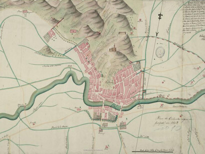 Pablo del Villar, fortificaciones. Plano de Orihuela, firmado y rubricado por el autor en 1809, realizado a plumilla con tintas negra, carmín y verde, y coloreado a la acuarela. Alicante, España