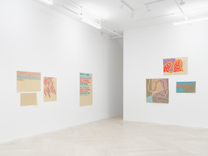 Giorgio Griffa, Consistently through variation, exhibition view. Courtesy of Casey Kaplan Gallery