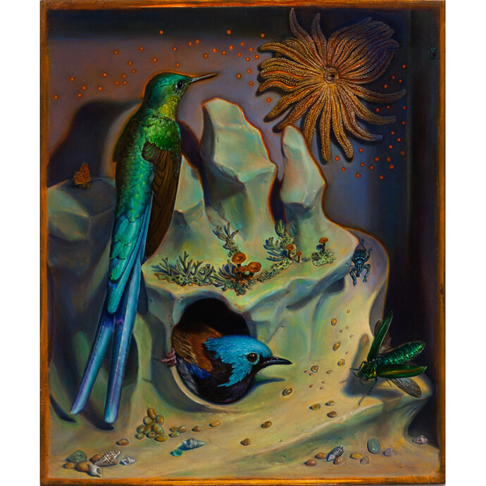 Kevin King, Diorama with Starfish, 2013, Oil on copper plate. Work size: 10 1/2 x 8 3/4 inches, 26.7 x 22.2 cm. Framed size: 13 1/4 x 11 1/2 inches, 33.7 x 29.2 cm