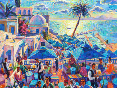 "Café des Délices in the Morning Light" by Ksenia Filippova, 90x90 cm, oil on canvas, 2025