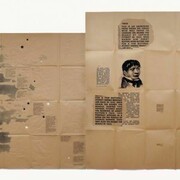 Eugenio Dittborn, Viajar, sin Embargo. Airmail Painting No. 178  1986-2007 tincture, buttons, ink and photosilkscreen on 2 sections of kraft paper 80 x 115 1/2 in/203.2 x 293.4 cm. Courtesy Alexander and Boni Gallery