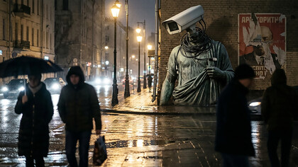 A classical bust, its human head replaced by a cold surveillance camera, stands in a rain-slicked city. The image serves as a stark metaphor for "civic death" and the replacement of democratic diplomacy with technological control