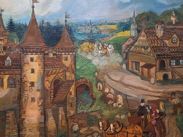 Antonio Ligabue, "Diligenze con castello", 1952