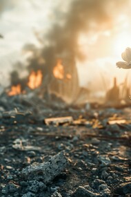 In the shattered landscape of war, a single white flower rises from the rubble of a bombed-out city, defying the smoke and flame that engulf the ruins behind it, as a quiet meditation on resilience and grief