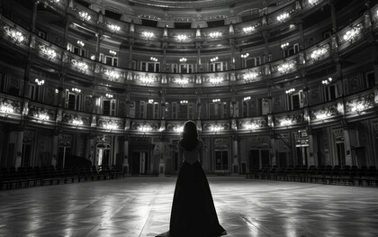 A woman in a round hall, reminding how acoustics and design work in harmony
