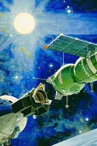 Disegno dell’incontro fra la astronave Apollo e la cosmonave Soyuz durante la missione ASTP (NASA)