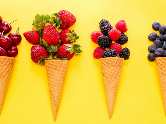 Close-up of ice cream cones with natural ingredients