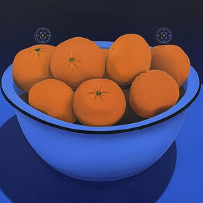 Sarah Pater, Oranges with pandora sphinx moth (twin targets) (detail), 2025. Courtesy of Sarah Pater and Pentimenti, Philadelphia, PA
