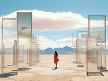 A woman walking through a desert corridor of open doors, reflecting the gradual awakening to higher awareness