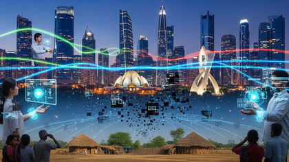Digital illustration showing the flow of algorithmic bias widening the digital gap