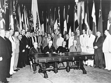 The Declaration by United Nations was the main treaty that formalized the Allies of World War II and was signed by 47 national governments between 1942 and 1945