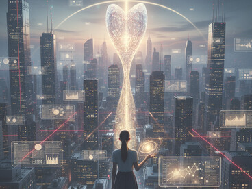 A lone human navigating a machine-dominated world, set against a quiet dystopia of reflective cityscapes and cold futuristic landscapes