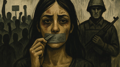 A symbolic artwork of resistance: a bruised woman pulls tape from her mouth as faceless crowds protest behind her, while a soldier looms in the shadows, reflecting oppression and the struggle to speak out