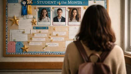 A student pauses before an achievement board, measuring herself against visible markers of success