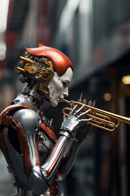 A high-tech robot droid skillfully plays a trumpet, merging futuristic innovation with traditional music