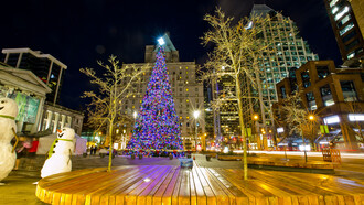 En Vancouver casi no nieva, pero sí hace frío y llueve mucho. Lo que más me sorprendió fue encontrarme con una ciudad completamente iluminada: luces de colores en cada esquina, árboles de Navidad por todas partes.
Encendido del árbol de Navidad en la Galería de Arte, 2017 Canada