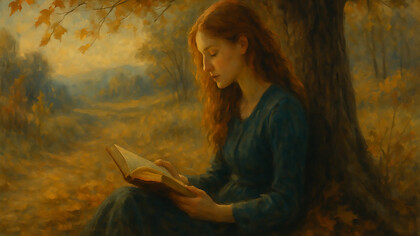 A young woman reads quietly beneath an autumn tree, lost in the world of stories as nature and solitude wrap gently around her