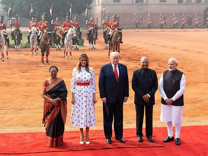 President Donald J. Trump and First Lady Melania Trump stand for a photo with Indian President Ram Nath Kovind, his wife Mrs. Savita Kovind, and Indian Prime Minister Narendra Modi during a welcoming ceremony at Rashtrapati Bhavan, the Presidential Palace, on Tuesday, February 25, 2020, in New Delhi, India