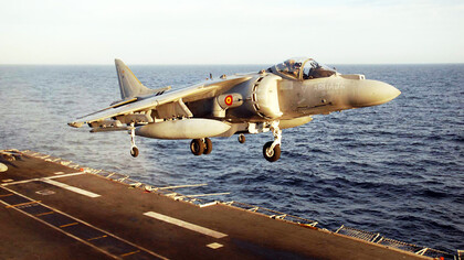 A Spanish Navy AV-8B Harrier operating from an aircraft carrier