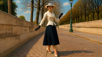 A model showcasing Dior’s iconic New Look from 1947, symbolizing post-war elegance and the rebirth of feminine style