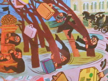 La Bora soffia impetuosa a Trieste, sferzando le strade con raffiche fredde e violente. Dettaglio di cartolina postale triestina, Italia