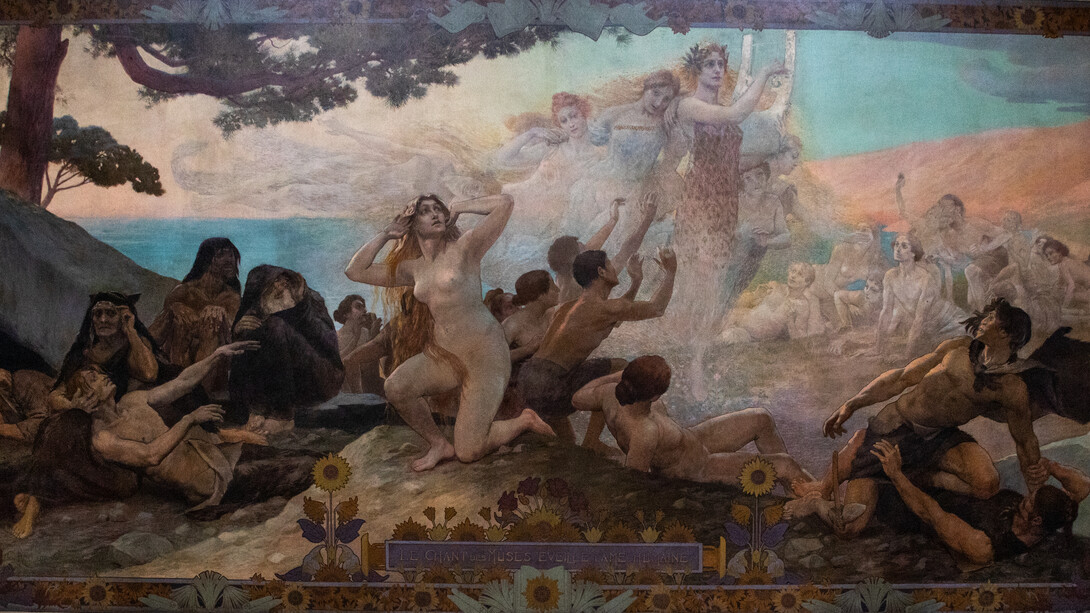 Georges Antoine Rochegrosse (1859–1938)
"El canto de las musas despierta el alma humana"
Fresco en la escalera principal de la Biblioteca de la Sorbona en 1898, París, Francia