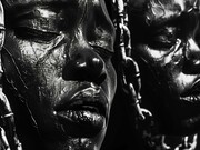 Faces covered in a dark, glossy substance and partially bound by chains, powerfully evoke the historical and ongoing struggles against enslavement and betrayal