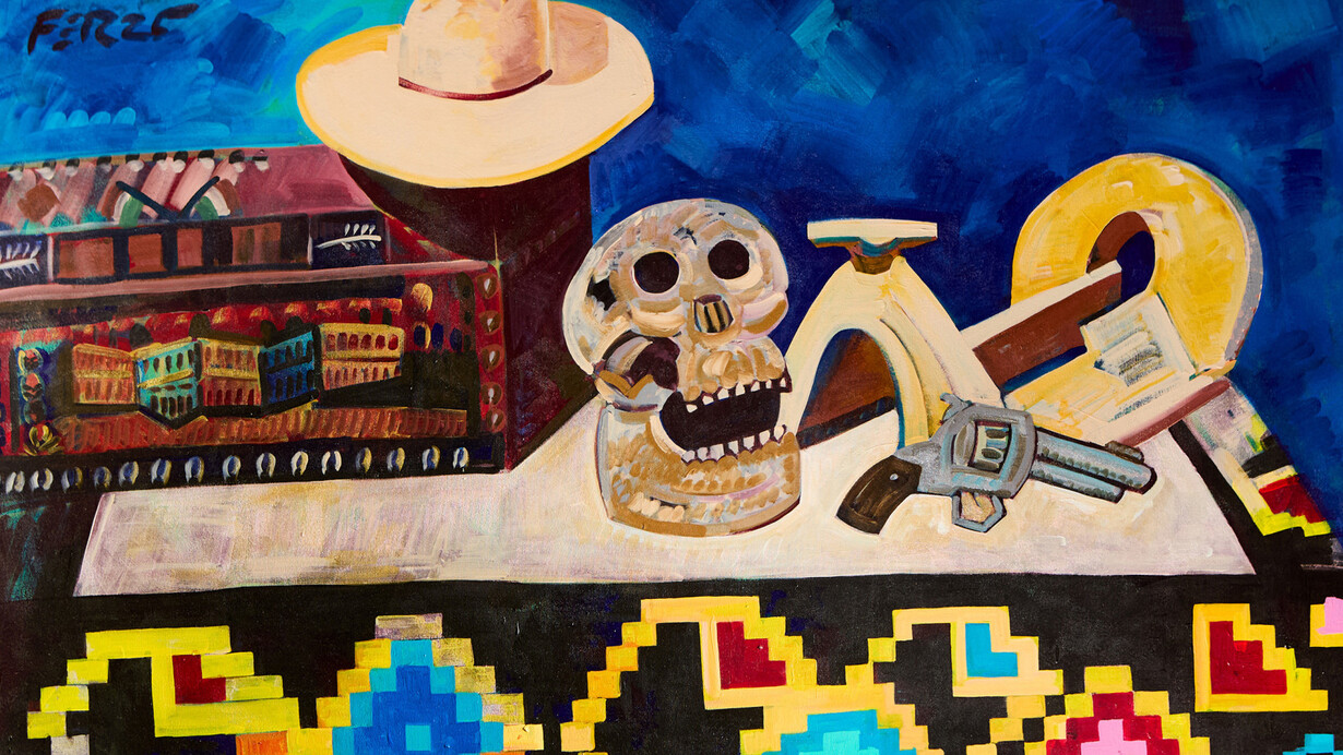 Frank Romero, Western hat, baul y pistola (detail), 2025. Courtesy of Luis De Jesus Gallery
