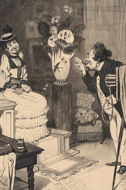 Adolf Hengeler, “Beim photographen: ‘So, mein Fräulein, bitte jetzt recht lieb und freundlich!...Ein, zwei, drei!... So, ich danke! Nun können Sie wieder Ihr natürliches Gesicht annehmen!’”, publiziert in: Fliegende Blätter, 1893 Druckgrafik. Mit freundlicher genehmigung des Museum Ludwig