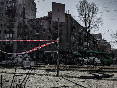 War destruction in a Ukrainian city following Russian attacks, Kiev, Ukraine