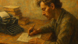 An impressionistic painting capturing the quiet intensity of thought, as a writer balances memory, rhythm, and silence at the edge of expression