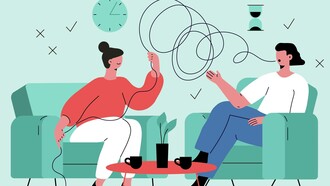 Illustrazione del concetto di terapia o comunicazione profonda, dove una persona esprime i propri pensieri e sentimenti in modo disordinato, mentre l'altra la aiuta a districare il groviglio per raggiungere chiarezza