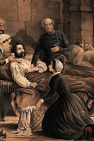 Florence Nightingale and her staff nursing a patient in the military hospital at Scutari. Coloured lithograph, c. 1855, by T. Packer 