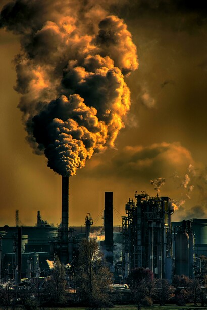 Photographs of factories contributing to the climate crisis, global warming, and greenhouse gas emissions