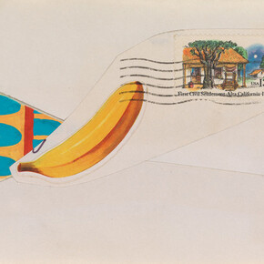 Ray Johnson, Untitled [Back of envelope with collage of stamp, letter A, banana and fingerprint] (detail), n.d. Courtesy of San Francisco Museum of Modern Art