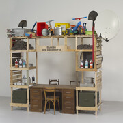 Antarctica World Passport Delivery Bureau, Palais Iéna Paris, 2012
Bureau construction in reclaimed materials, chair, desk, vintage military canteens, various objects, Antarctica World Passports, passport stamps, ink pads
220 x 60 x 240 cm variable
Courtesy of the artists. Photo: Bertrand Huet