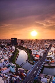 The cityscape of Ho Chi Minh City, Vietnam, showcases a dynamic blend of modern skyscrapers and traditional architecture