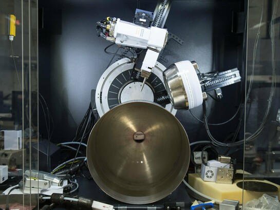 A section of a friction-stir welded titanium tank examined in an X-ray goniometer to detect residual stresses along welds