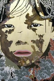 Tsherin Sherpa, Untitled 2 (Golden Child/Black Clouds), 2013 White and yellow gold leaf, acrylic, alcohol ink, glitter on linen 91.5 x 173 cm (36 x 68 in)