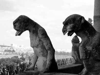 Gargoyles gazing over the Paris cityscape from above, Paris, Île-de-France, France