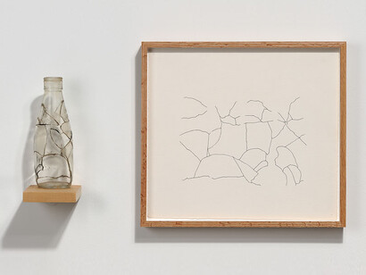 Amikam Toren, Simple Fractions XVI, 1975, Glass, araldite, shelf, drawing, Drawing 14 1/4 x 16 inches; sculpture 8 x 4 x 4 inches. Courtesy of the artist and Jessica Silverman Gallery