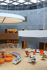 Discover the stunning atrium of the Oscar Niemeyer Library located inside the Petit Volcano in Le Havre
