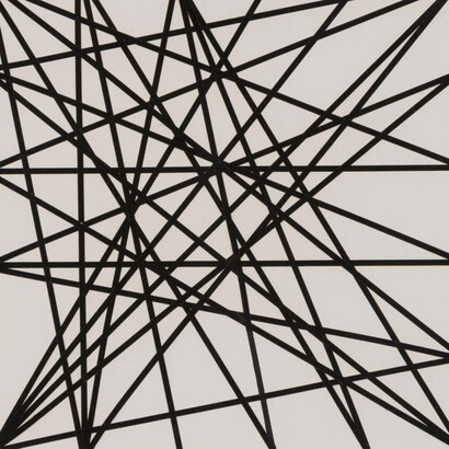 Vera Molnar, 30 lignes (sur 60 possibles) au hasard liant 2 a 2 horizontal et vertical alternativement (30 lines out of 60 possibilities by chance linked 2 by 2 horizontal and vertical alternatively) (detail), 1959. Courtesy of Van Doren Waxter