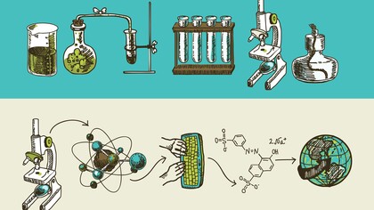 Illustrazione disegnata a mano che mostra attrezzature di laboratorio (come provette e microscopio) nella parte superiore, e un flusso di lavoro scientifico che include atomi, microscopi, una formula chimica e un globo nella parte inferiore