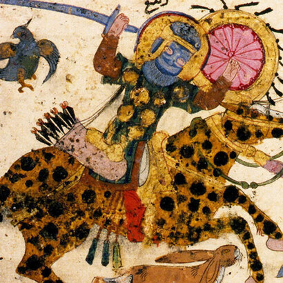 La figura de "Rabi" lleva una máscara de guerra y su escudo tiene borlas. La protección de cuello de su casco se asemeja a la de los cascos celtas utilizados en la Europa del siglo XV. Seljuk, el antepasado de los turcos selyúcidas, se convirtió al islam en el siglo XI. Ilustración del libro "Varka y Gülşah", 1250, Anatolia, Turquia