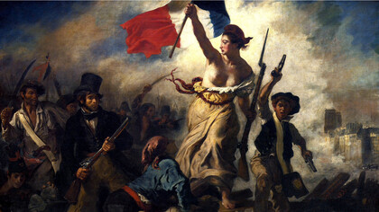 Pintura utilizada para presentar a Trinidad Huerta: El guitarrista de la libertad de Rafael Andia. 
Eugène Delacroix (1798–1863). "La Libertad guiando al pueblo" Conmemora la Revolución Francesa de 1830 
Romanticismo,1830 óleo sobre lienzo.Museo del Louvre, Paris. Francia