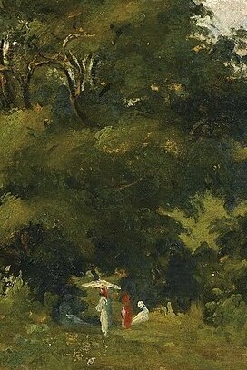 Camille Pisarro, "Paisaje con mujeres bajo un gran árbol", óleo sobre madera, 1854-55