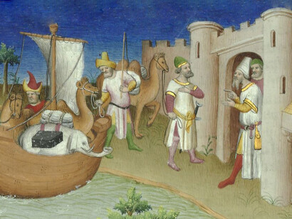 Ilustración de Marco Polo con elefantes y camellos llegando a Ormuz en el Golfo de Persia desde la India. "El libro de las maravillas" (1410-1412) de Mazarine Master 